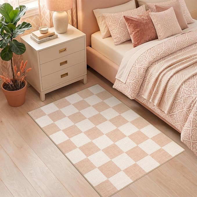 GarveeHome Checkered Blush Beige 2x3 Washable Rug Low-Pile Small Door Mat | Blush Beige Soft Stain Resistant Rug for Entryway Bedroom Bathroom Kitchen Non-Slip Geometric Modern Rug TPE Backing