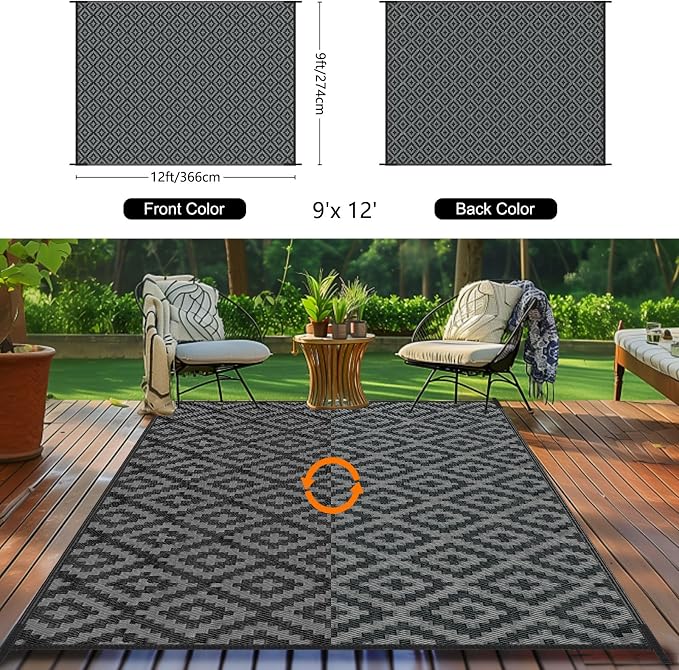 Outdoor Patio Plastic Straw Rug - 9x12 ft Outdoor Camping Rug Waterproof Reversible, Area Carpet Patios RV, Outside Porch Balcony Deck for Camper, Black & Grey