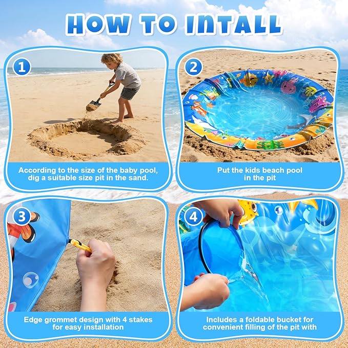 Baby Beach Pool, Waterproof Beach Pool Blanket for Toddler, 2 in 1 Toddler Paddling Pool with Carrying Bag, Collapsible Beach Puddle Mat for Boys Girls Kids Infant Outdoor Beach Toys