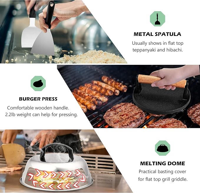 HaSteeL Griddle Accessories Kit of 18, Teppanyaki Tools for Flat Top Cooking Grilling Camping, Stainless Steel Melting Dome, Metal spatulas, Bacon Press for Outdoor BBQ, Heavy Duty & Dishwasher Safe
