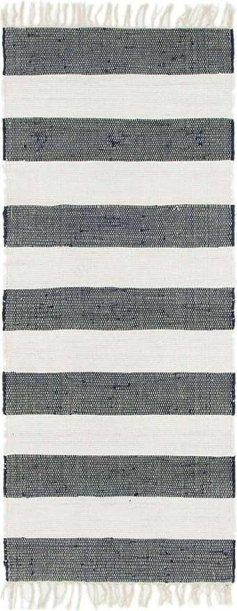 Unique Loom Chindi Rag Collection Area Rug - Striped (2' 7" x 6' 1" Runner, Navy Blue/ Ivory)