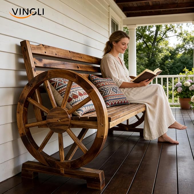 VINGLI Rustic Wooden Wheel Bench Outdoor Bench, Patio Bench Wagon Slatted Seat, Garden Benches for Outdoors 350lbs High Capacity, Weather Resistance (Teak, 55in)