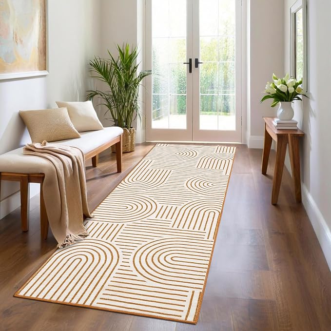 ROYHOME Modern 2x6 Hallway Runner Rug Non Slip Washable Kitchen Rug, Orange | Abstract Bath Mat, Rainbow Geometric Runners Rugs for Bedroom, Soft Long Rugs for Entryway Arch Pattern Bathroom Laundry Dorm