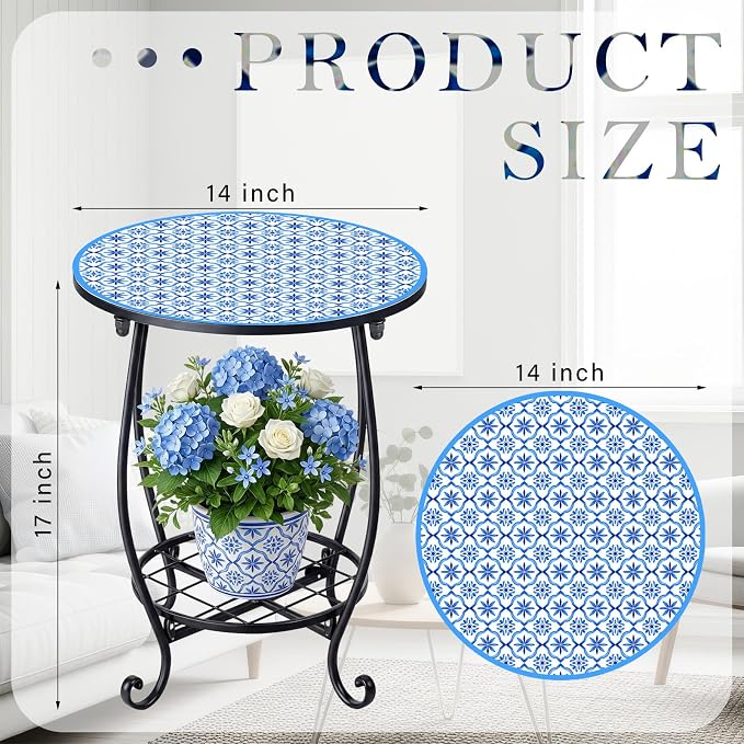 Cinnvoice Outdoor Side Table Round Small Mosaic Patio Accent Indoor End Plant Coffee Tea Table for Yard Patio Porch Garden Living Room, Bedroom(Blue Tile Style,14 Inch)