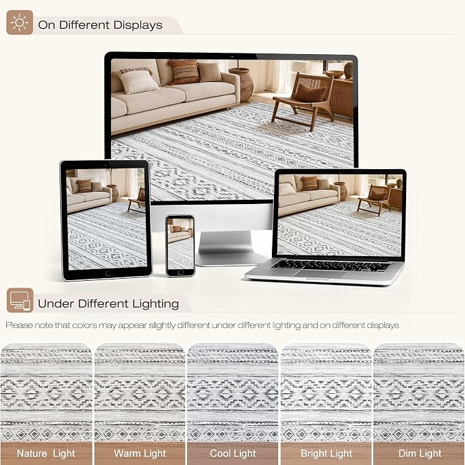 cotiled Boho 7x9 Area Rug for Living Room: Large Moroccan Washable Rug | Solve Modern Neutral Trendy Home Decor - Stain Resistan Indoor Carpet for Bedroom Dining Room Cream Grey