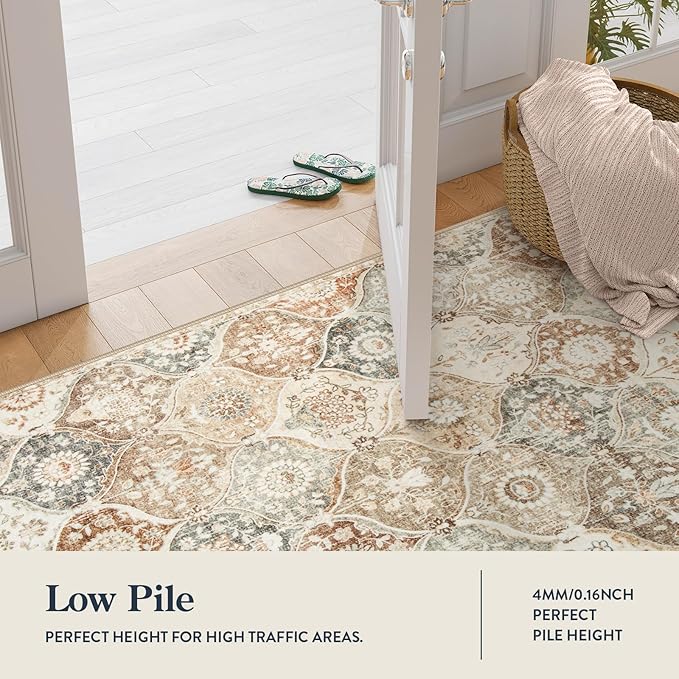 Lahome Moroccan Washable Small Rug, 3x5 Black Rugs for Bedroom Entryway | Small Trellis Non-Slip Oriental Throw Living Room Carpet for Kitchen Office Entryway Bathroom Office Elise, Khaki