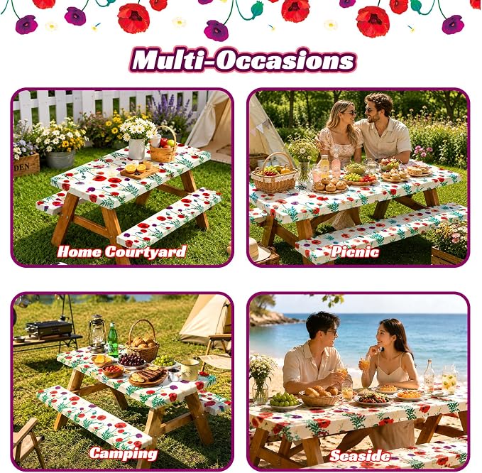 NUOLAN 6FT Picnic Table Cover with Bench Covers, Corn Poppy Print Windproof Waterproof Fitted Picnic Table with Elastic for Picnic, Camping, Outdoor