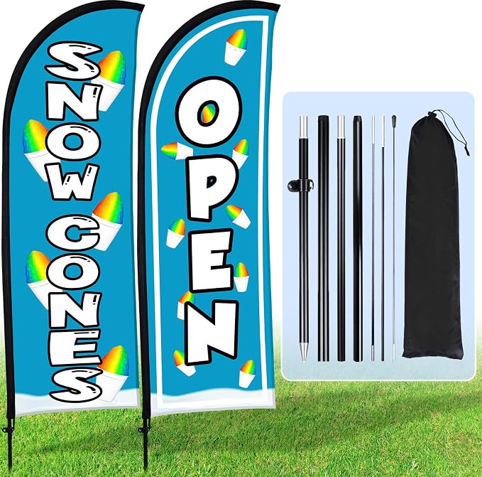 Buryeah 2 Sets Snow Cones Open Feather Flag for Business Advertising 8 ft Feather Flag Sign with Flagpole Ground Stake Portable Bag Snow Cones Banner with Rope for Outside Garden Park Party (Blue)