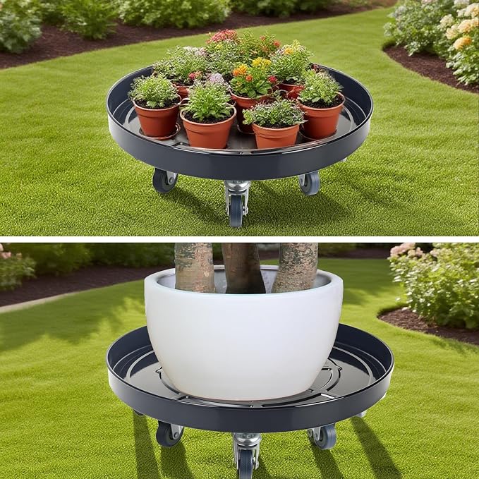 20 Inch Heavy Duty Plant Stand on Wheels, Round Plant Caddy with Wheels for Indoor & Outdoor Use, Metal Rolling Tray for Potted and Small Furniture (Black 2 Pcs)