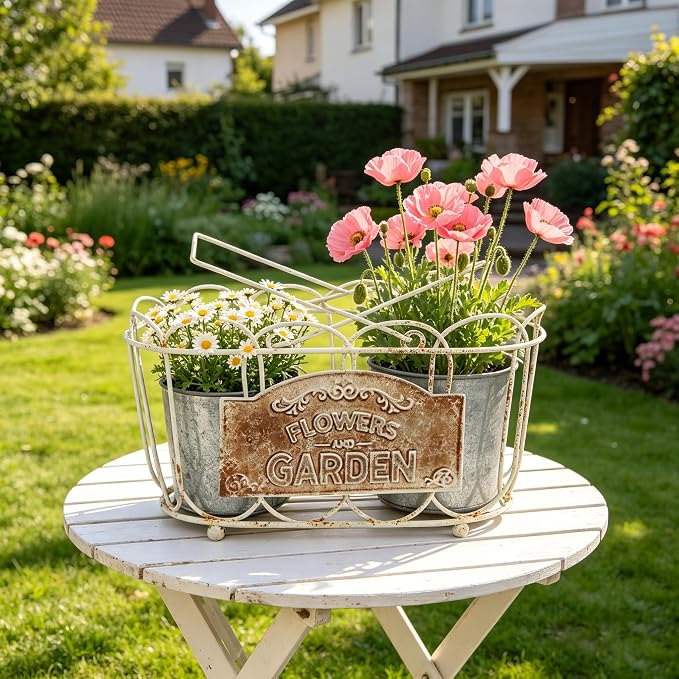 Vintage White Iron Planter Basket with 2 Metal Flower Pots - Rustic Farmhouse Plant Holder for Indoor Outdoor Balcony, Window Sill, Tabletop Decor (White#4)