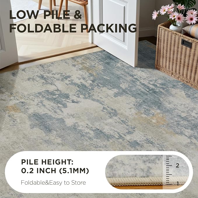 Joydeco 2x6 Washable Runner Rug for Hallway, Modern Abstract Non-Slip Soft Rugs, Low Pile Carpet for Entryway, Bedroom, Kitchen, Laundry, White & Blue & Gold