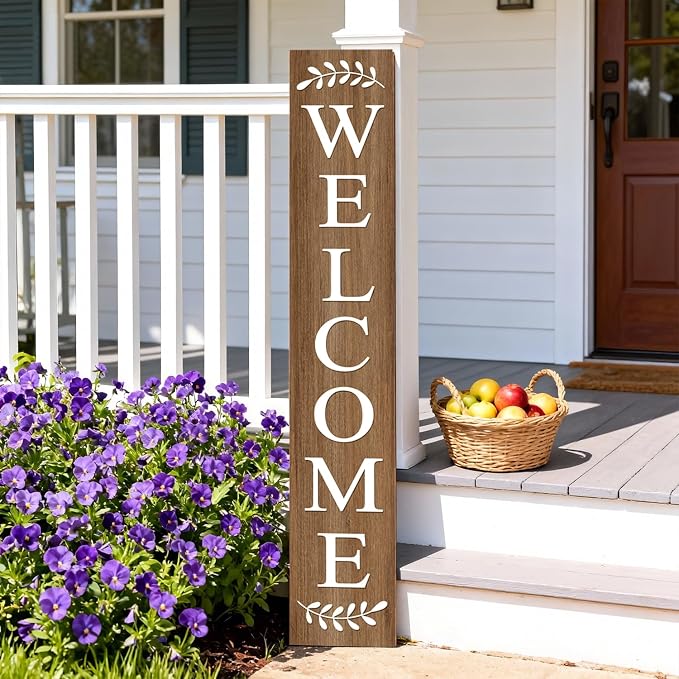 Farmhouse Wooden Welcome Sign Stand for Front Door, 47" Large Welcome Sign for Front Porch, Rustic Vertical Tall Porch Leaner Decor for Outdoor Patio Garden