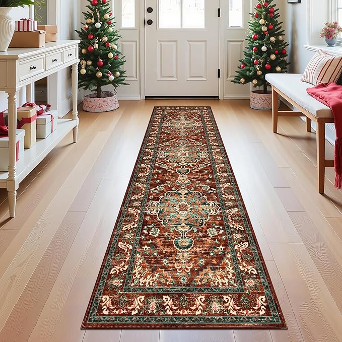 U'Artlines 2' x 8' Boho Hallway Runner Rug, Washable Carpet, Rust＆Teal | Non Slip, Vintage Farmhouse Accent Area Rug Carpet, for Kitchen Entryway Laundry and Living Room
