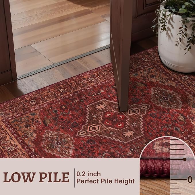 Tangsoo Red Round Washable Rugs 4ft, Oriental Non Slip Small Circle Rug | Boho Low Pile Circular Rugs, Vintage 4x4 Round Area Rug for Living Room Bedroom Entryway Nursery Office Dark Red Home Decor