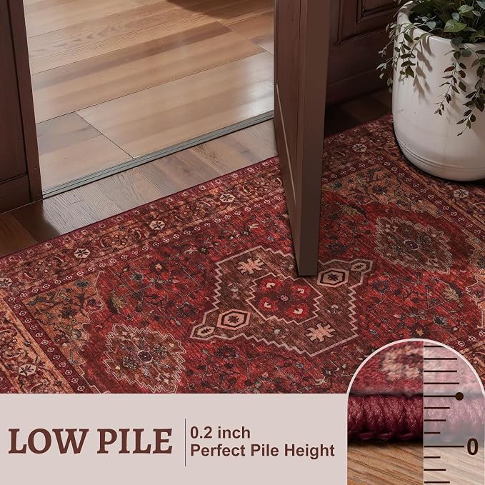 Tangsoo Red Round Area Rugs 5ft, Washable Oriental Non Slip Circle Rug | Boho Low Pile Circular Rugs,Vintage Round Carpet for Living Room Dining Room Bedroom Nursery Dorm Office Dark Red Home Decor