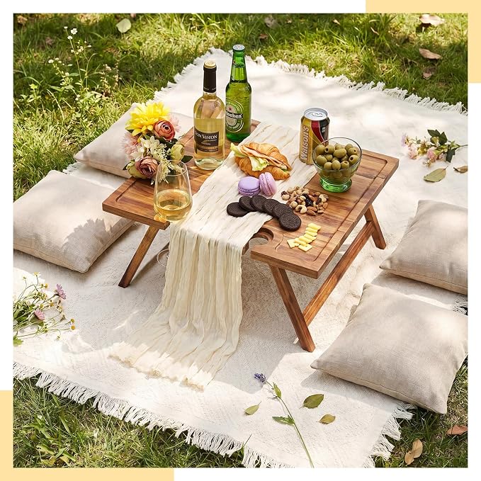 Novabright 3 Pcs Picnic Kit Folding Portable Wine Picnic Table Extra Large Outdoor Boho Blanket 91'' x 71'' Table Runner Woven Cotton Oversize Washable for Romantic Camping Wedding(Beige)