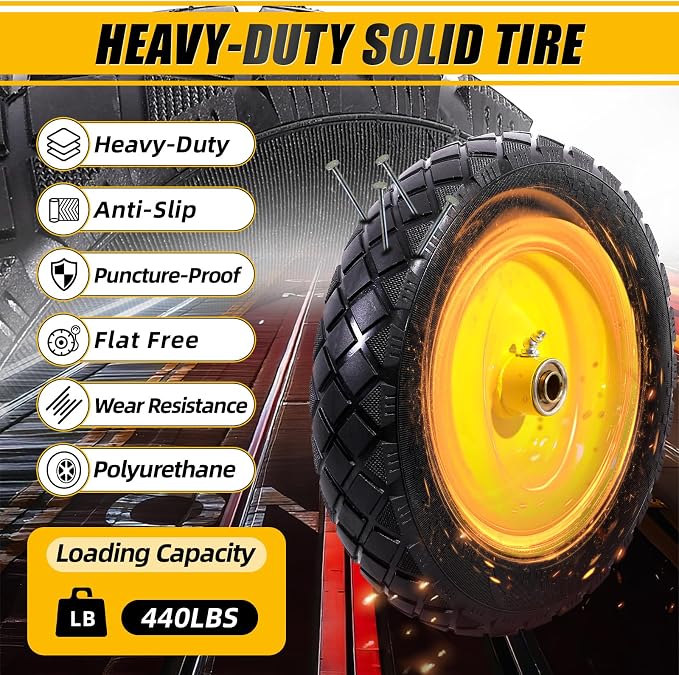 MZREXN 4.80/4.00-8" Flat Free Tire and Wheel 15" Wheelbarrow Tires | 3.00-4.00/4.80-8" Solid Tire with 5/8" & 3/4" Bearings, 3" Centered Hub for Hand Truck Garden Trailers 2PCS Yellow