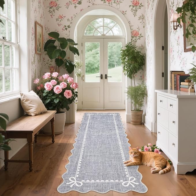 GarveeHome Scalloped Hallway Runner Rug 2.5x8 Non Slip Bedroom Rugs, Grey | Washable Bow Rug for Girls Dorm Nursery Living Room Entyrway Kitchen, Soft Low Pile Ultra-Thin Stain Resistant Indoor Carpet