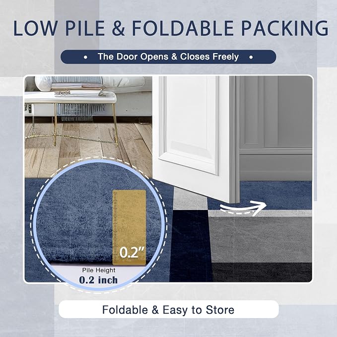 Washable Low-Profile Geometric Area Rug, 0.2 inch Thin Abstract Rug Design for Living Room & Bedroom Decor, 8x10 ft Blue Grey Modern Non-Slip Floor Rug