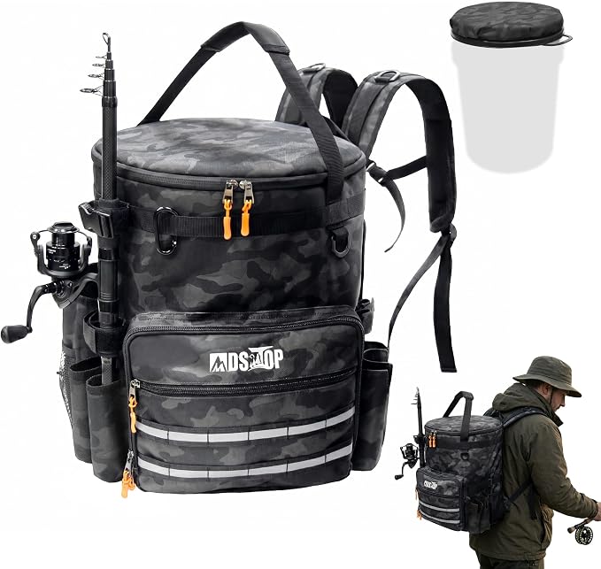 MDSTOP Fishing Bucket Backpack for 5 Gallon Bucket with Seat, Fishing Tackle Bag with Adjustable Buckle, Rod & Plier Holder and Multi-Pockets for Storage