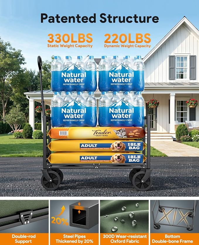 Wagons Carts Foldable, Collapsible Wagon Cart Foldable, 220LBS Heavy Duty Folding Wagon Carts with Wheels, Portable Utility Cart for Grocery Sports Garden Shopping Camping, Green