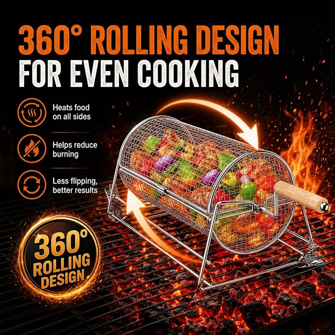2-in-1 Rolling Grill Basket with Dual Handles, 304 Stainless Steel Rotatable BBQ Basket with Crank Handle & Straight Grip Handle, Grill Net for Vegetables, Shrimp & More, Gift Idea for Men, Dad, Husband