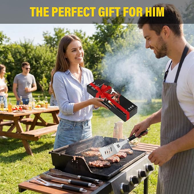 Yekale BBQ Grill Accessories Set, Grill Tools Grilling Accessories Grilling Gifts for Men - Spatula, Fork, Brush, Tongs & Cleaning Brush - Outdoor Barbecue Utensils Gifts for Men Dad Him (Black)