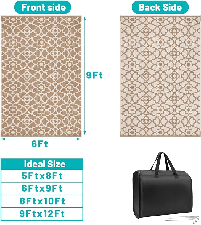 HEBE Outdoor Rug Waterproof 6x9, Plastic Straw Rug Camping Rug, Reversible Outdoor Patio Rugs RV Mat Clearance, Indoor Outside Floor Carpet for Porch,Deck,Camper,Balcony,Backyard