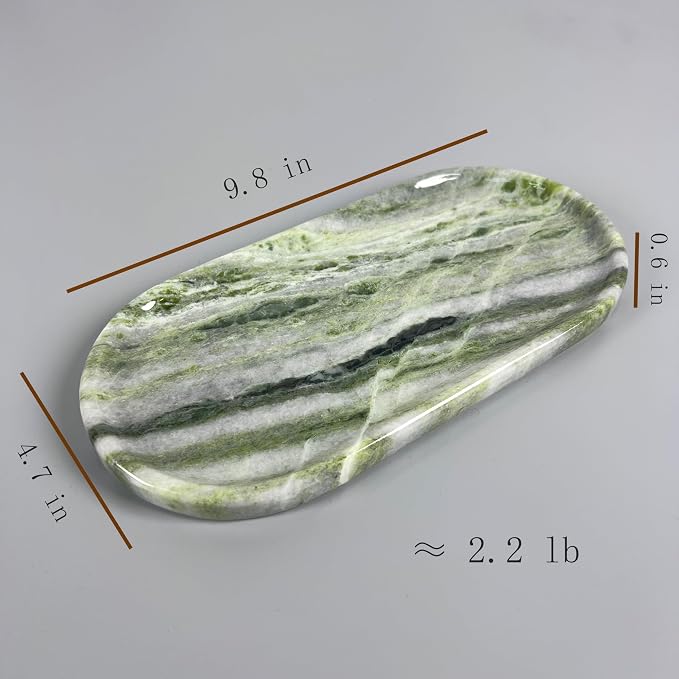 Green Marble Vanity Tray 9.8", Natural Stone Organizer for Bathroom | Luxury green marble tray, polished non-slip base, Perfect for jewelry, perfumes, décor. Unique pattern, ideal gift for her.