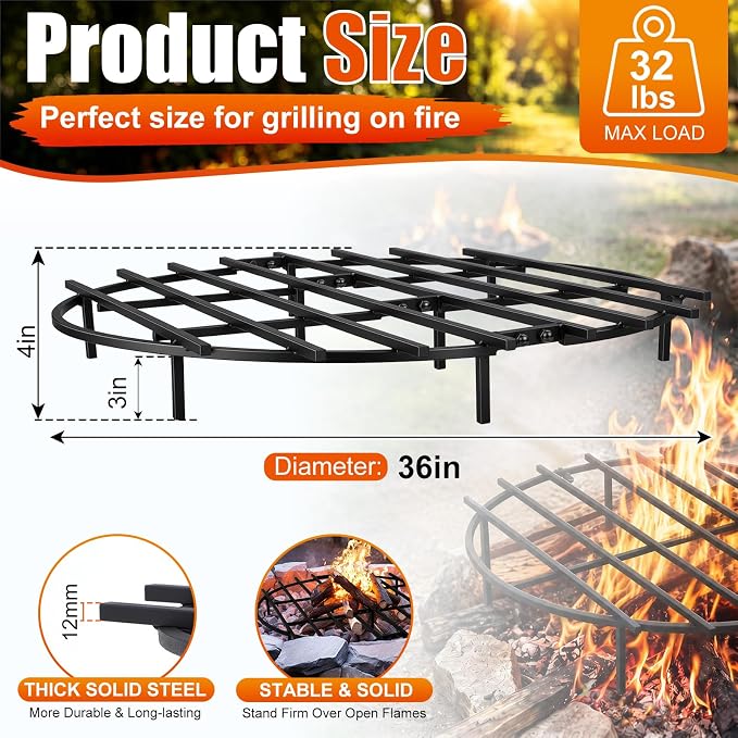 36 Inch Fire Pit Grate Round Heavy-Duty Solid Steel Fire Pit Grate with Elevated Legs, Multi-Functional Log Holder for Fireplace Outdoor Camping, Backyard Barbecue, Cooking