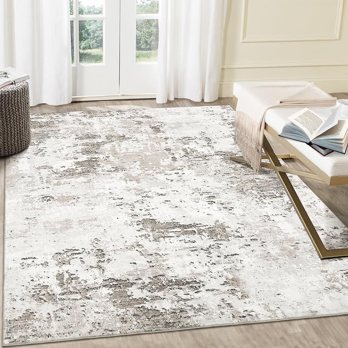 ROYHOME 10x13 Modern Abstract Faux Wool Rug for Living Room, Taupe/Beige | Low Pile Ultra Soft Stain Resistant Non Slip Non Shedding Throw Rug for Bedroom Home Decor