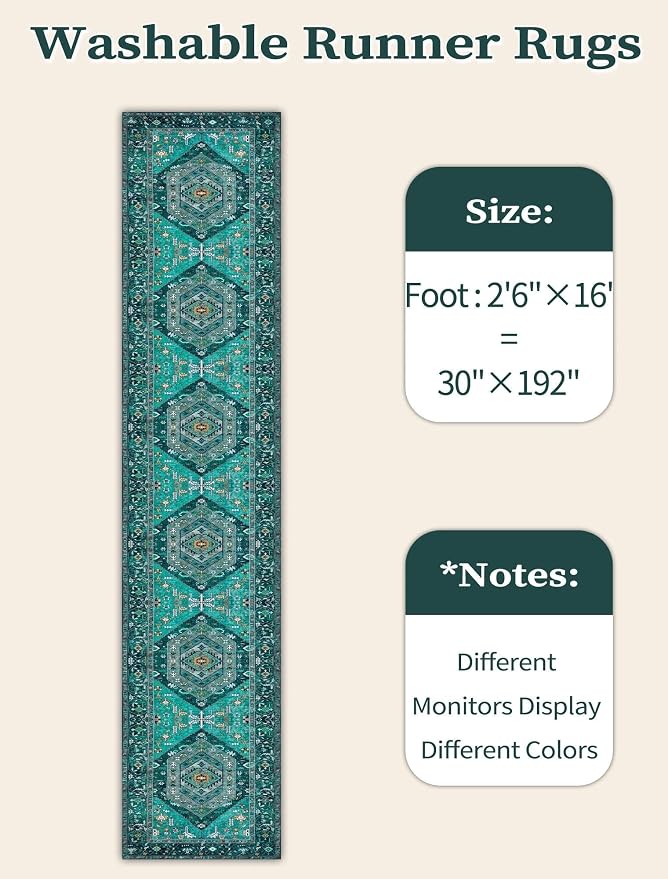 SERISSA 2'6"x16' Washable Non Slip Boho Runner Rug for Hallway，Teal | Ultra Soft Vintage Oriental Carpet Low-Pile Tribal Floor Carpet for Kitchen Bedroom Entryway Bathroom Laundry Room