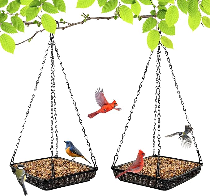 MIXXIDEA Hanging Bird Feeder Tray Metal Mesh Platform Seed Feeder with Durable Chains for Outdoors Garden Great for Attracting Birds (2 Pack)
