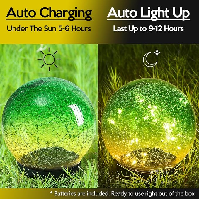 Outdoor Waterproof IP65 Solar Globe Lights, Led Solar Light Balls for Lawn Garden Patio Table Art Decoration, Yard Landscape Illuminated Cracked Glass Sphere Gazing Ball Lights, Round Ornaments Orbs