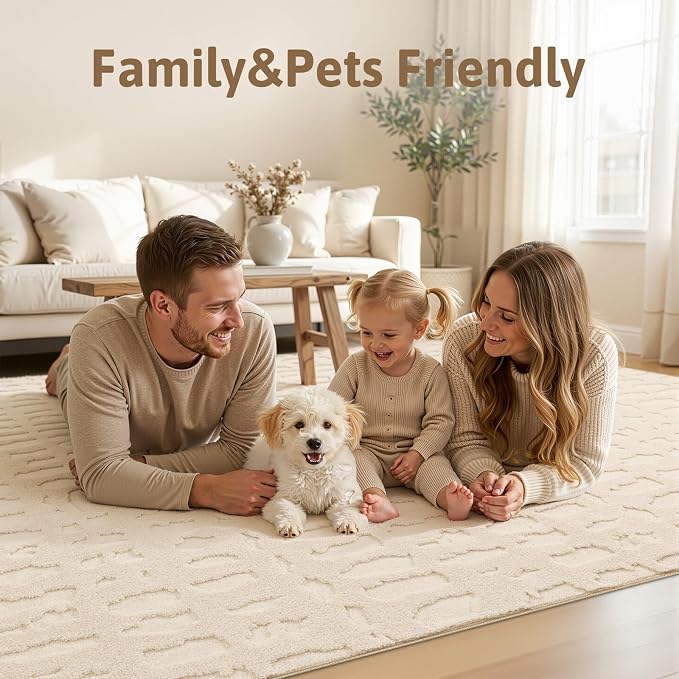 Yamaziot Washable 9x12 Area Rugs for Living Room Textured Non Slip, Beige | Modern High-Low Geometric Pattern, Soft Fluffy, Neutral, Minimalist Floor Carpet for Bedroom Dining Room Nursery Kids Room