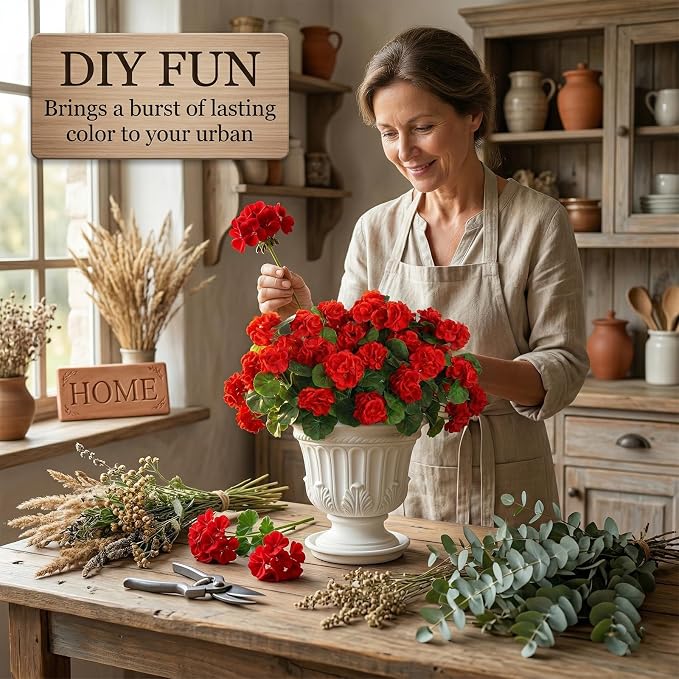 24 Pcs Artificial Geranium Flowers for Outdoor, UV Resistant Geraniums Artificial Flowers Realistic Faux Flowers Outdoor for Planters Outside Porch Garden Decor (15.3", Red)
