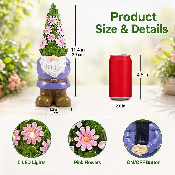 Solar Garden Gnome Statue: Outdoor Figurine with Succulent Lights | Waterproof Resin, Yard Lawn Porch Balcony Patio Home Decor, Gifts for Mom Women Grandma