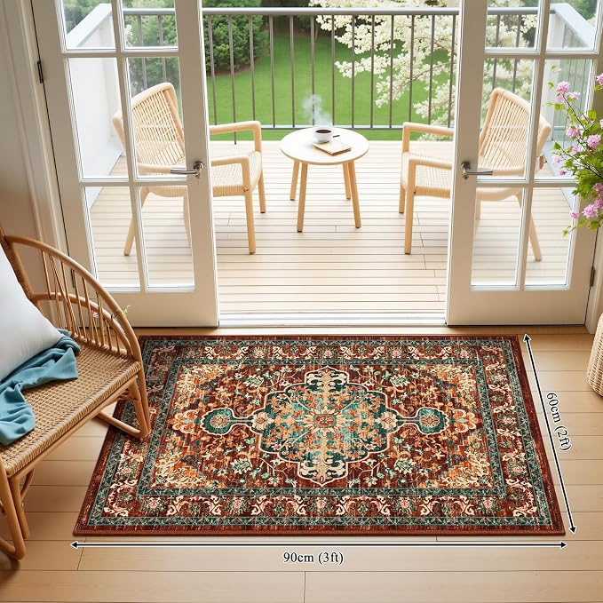 U'Artlines 2' x 3' Boho Hallway Runner Rug, Washable Carpet, Rust＆Teal | Non Slip, Vintage Farmhouse Accent Area Rug Carpet, for Kitchen Entryway Laundry and Living Room