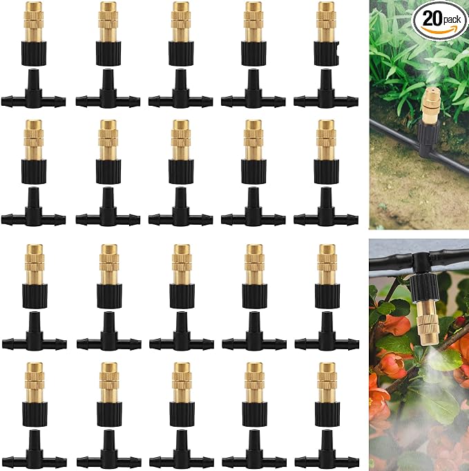 20Pcs Three-Way Atomizing Nozzle with Drip Irrigation Connector for 1/4 inch Drip Irrigation Tubing, Micro Spray Drip Irrigation Emitters, Adjustable Sprinkler Drip Irrigation Mister Kit
