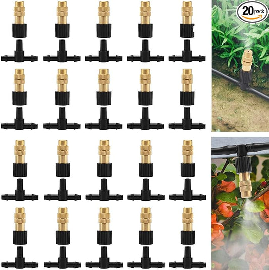 20Pcs Three-Way Atomizing Nozzle with Drip Irrigation Connector for 1/4 inch Drip Irrigation Tubing, Micro Spray Drip Irrigation Emitters, Adjustable Sprinkler Drip Irrigation Mister Kit