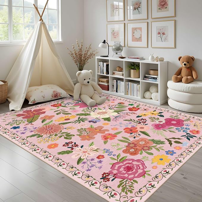Latte&Fog Floral Area Rugs 6x9, Large Washable Pink Rugs for Living Room | for Dining Kitchen Kids Nursery Playroom Guest Room Classroom Dorm Farmhouse Office, Non Slip Low Pile Soft Floral Carpets