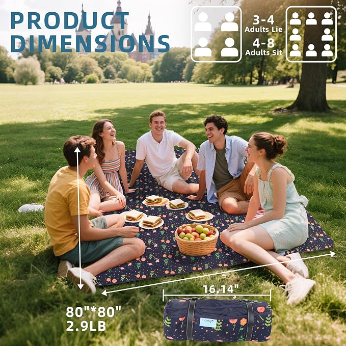 80x80” Double Thickened Picnic Blankets(150g High Density Cotton Stuffed) Navy Blue Floral Pattern Outdoor Picnic Mat Portable Picnic Blanket Foldable with Leather Carry Strap Beach Blanket