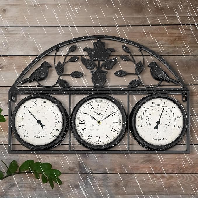 26Inch Large Outdoor Clock,Waterproof Wall Clock with Thermometer and Hygrometer Combo,Weatherproof Non-Ticking Battery Operated Decor Clock for Patio,Garden,Pool,Porch,House Warming Gifts