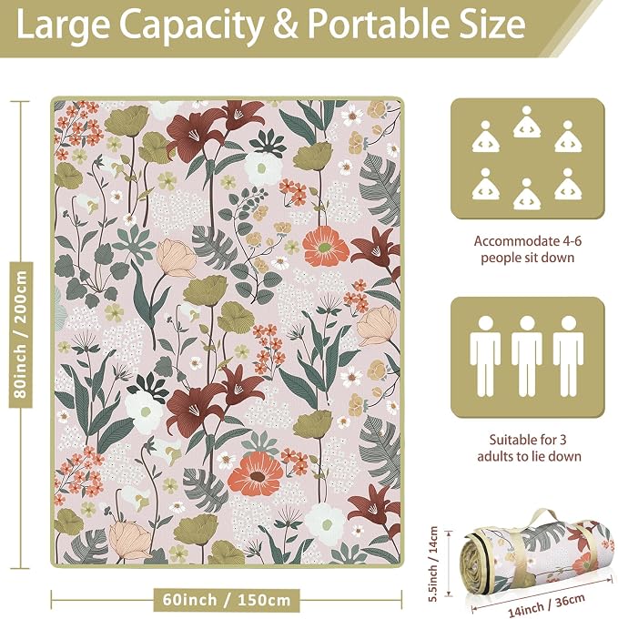 Floral Picnic Blankets Waterproof Foldable, 60″X80″ Packable Picnic Mat Flowers Outdoor Blanket for Grass, Large Beach Blanket Sandproof Picnic Accessories for Camping Music Festival Park Lawn Travel