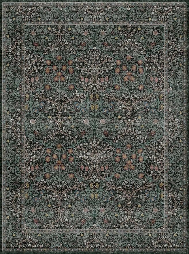 Dark Green Washable Entry Rug, 3x4 Rugs for Entryway Kitchen Bathroom Door Mat Indoor Entrance, Non Slip Rubber Backing, Stain & Fade Resistant, Vintage Floral Design