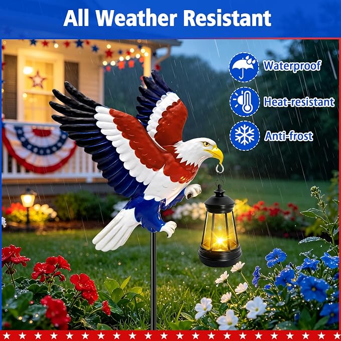4th of July Independence Day Solar Eagle Garden Lantern Outdoor,Patriotic Bald Eagle Decor Lights,Waterproof Solar Yard Light with LED,American Gifts for Dad Veterans