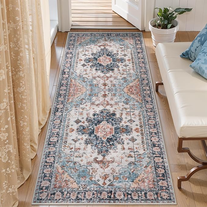Tangsoo 2x5 Washable Runner Rug for Hallways, Vintage Non Slip Rug Runner | Boho Soft Low Pile Print Distressed Rug, Oriental Blue/Orange Runner Rugs for Kitchen Bedroom Entryway Bathroom Living Room