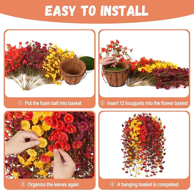 INXUGAO 12 PCS Fall Artificial Flowers Fake Plants with Hanging Basket | Realistic Silk Morning Glory Petunia Long Vines for Outdoor Garden Patio Front Porch Decor