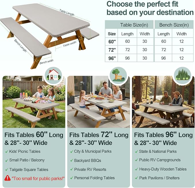 Picnic Table Cover with Bench Covers Camping Essentials Waterproof Windproof Camping Tablecloth with Drawstring Bag, Fitted Rectangle Tables and Seats, 72in, Beige Linen Texture