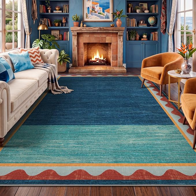 Mid-Century Washed Style Area Rug 8x10, Washable Carpet for Living Room, Non-Slip Low Pile Soft Rug for Bedroom, Kitchen, Entryway, Retro Teal